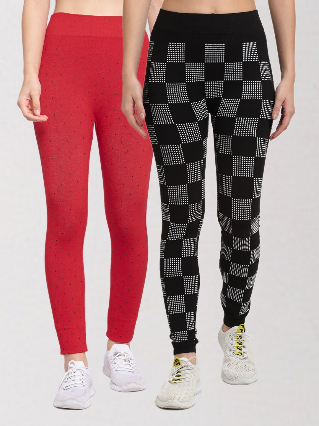 

KLOTTHE Women Set of 2 Red & Black Printed Skinny Fit Jeggings