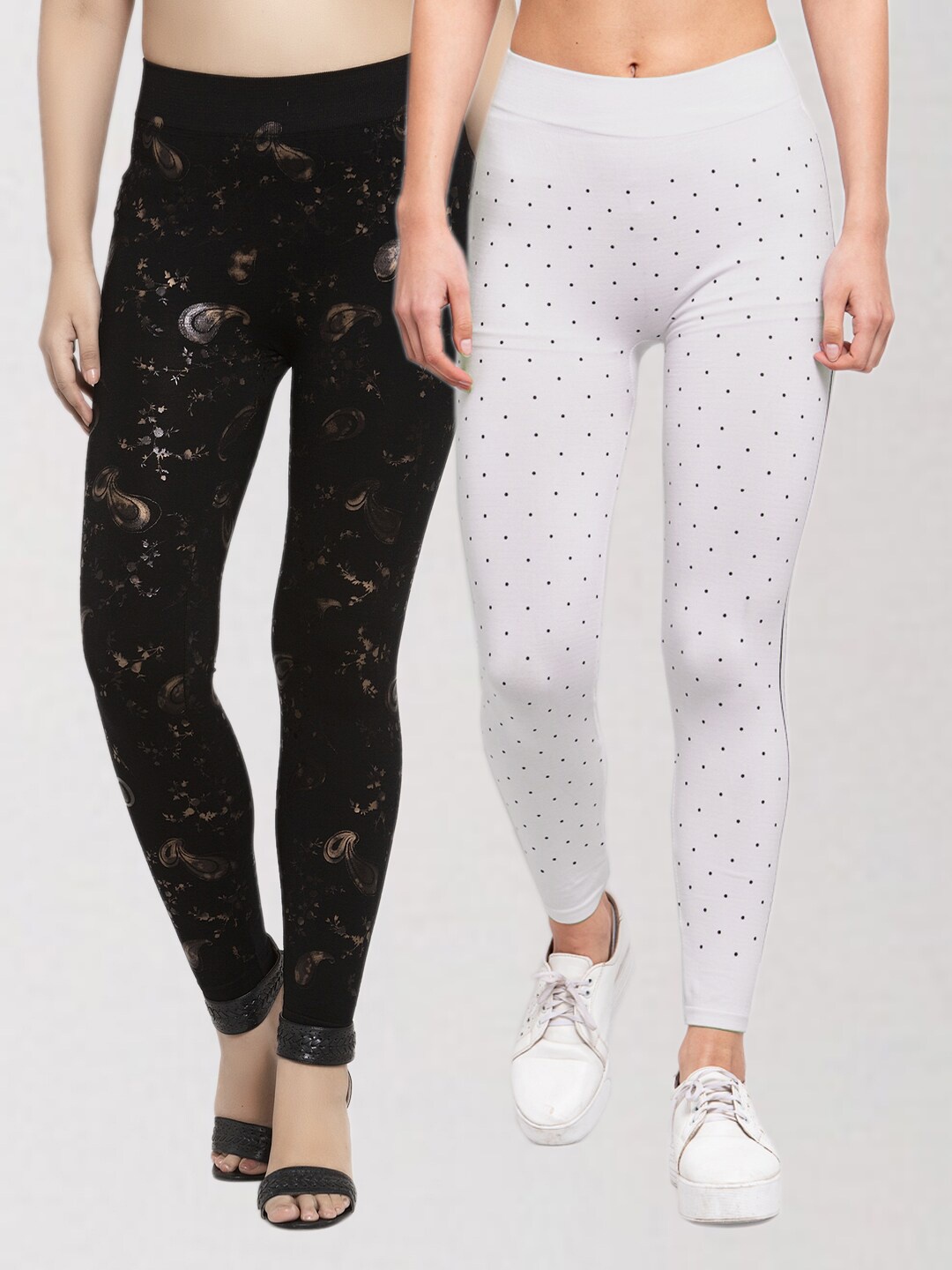

KLOTTHE Women Set of 2 White & Black Printed Skinny Fit Jeggings