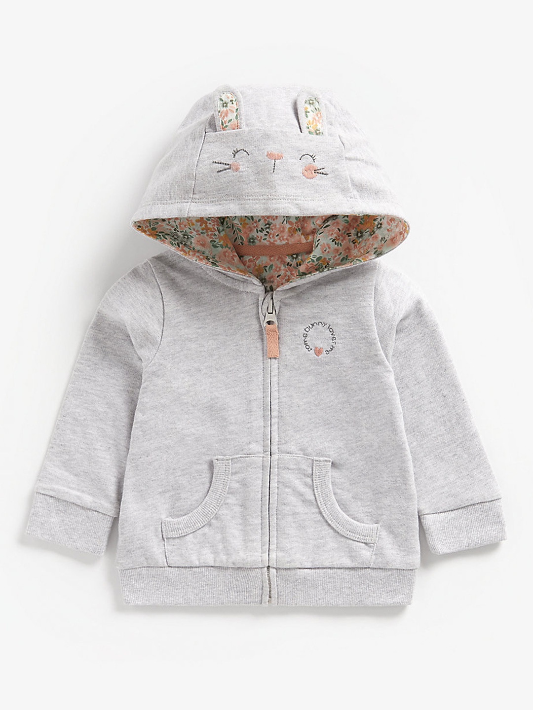 

mothercare Girls Grey 3D Bunny Ear Detailed Pure Cotton Hooded Sweatshirt