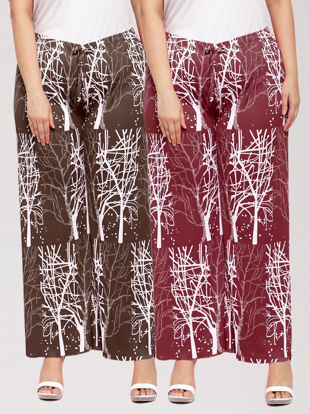 

KLOTTHE Women Set of 2 Brown & White Printed Palazzos