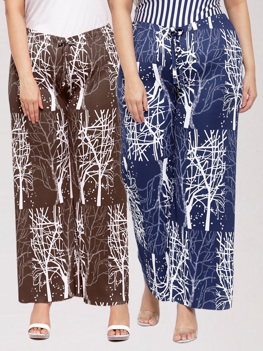 

KLOTTHE Women Set Of 2 Brown & Blue Printed Palazzos