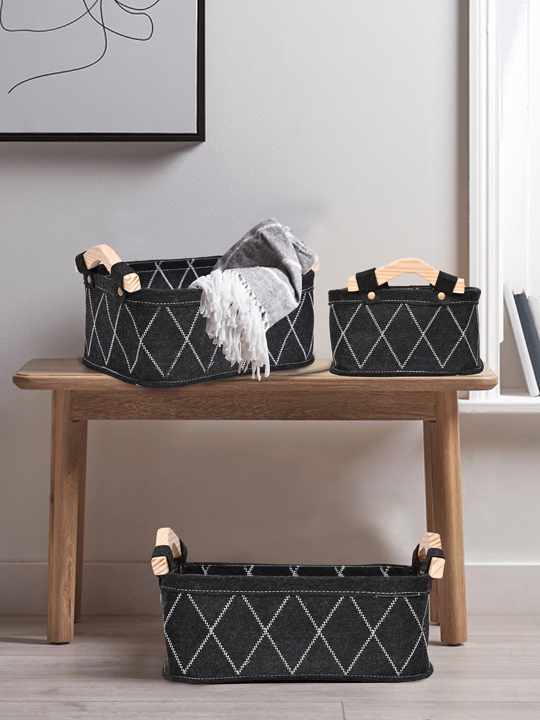 

Clasiko Set Of 3 Black & White Self-Design Eco-Friendly Baskets For Storage