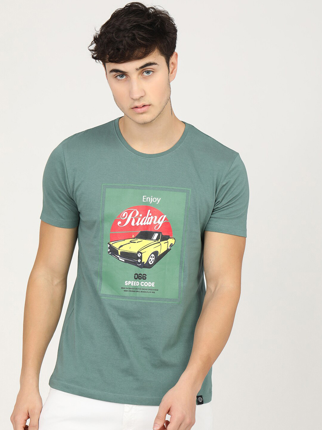 

LOCOMOTIVE Men Green Printed Slim Fit Cotton T-shirt
