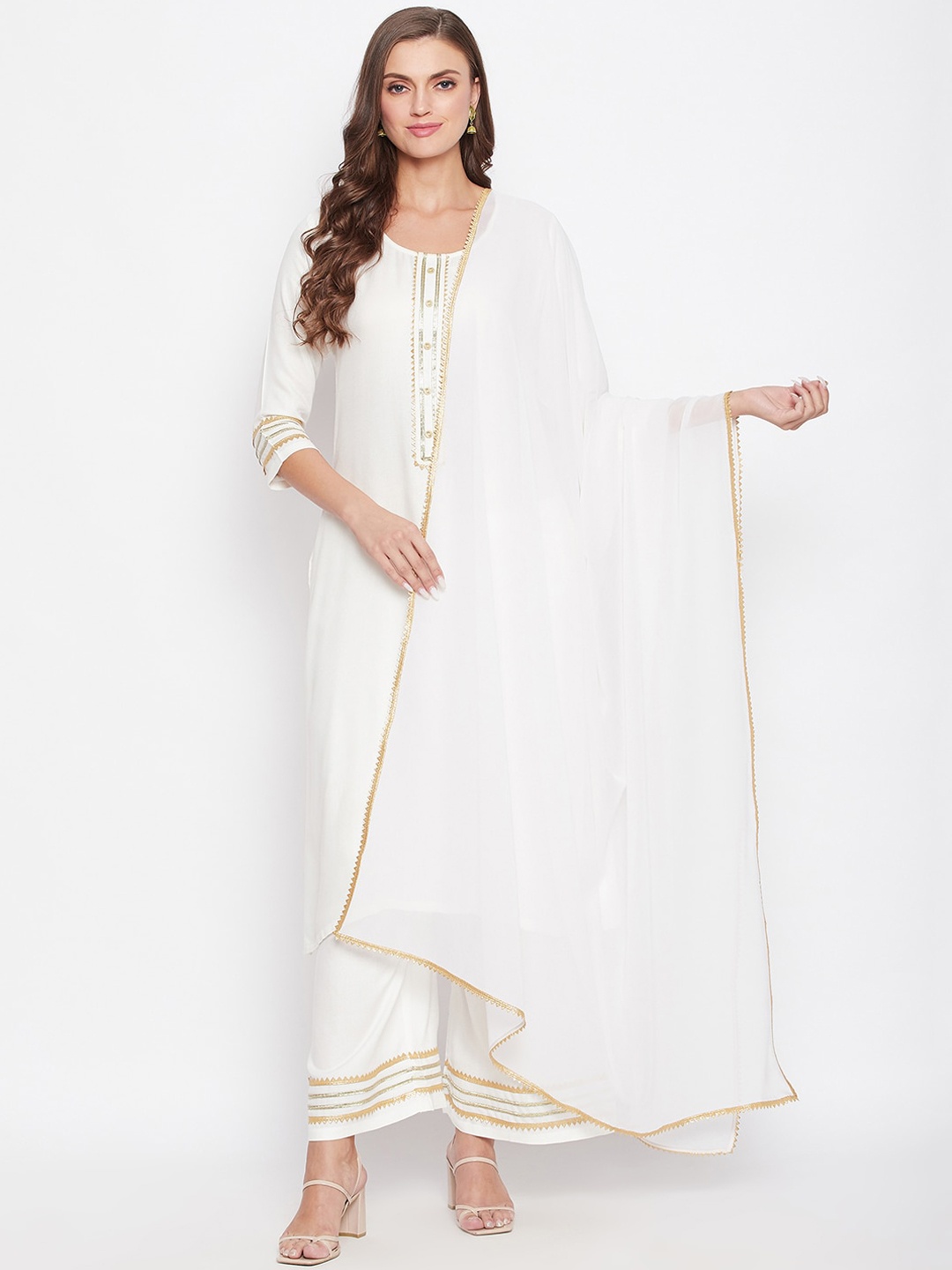 

Bitterlime Women White Yoke Design Regular Gotta Patti Kurta with Palazzo & Dupatta