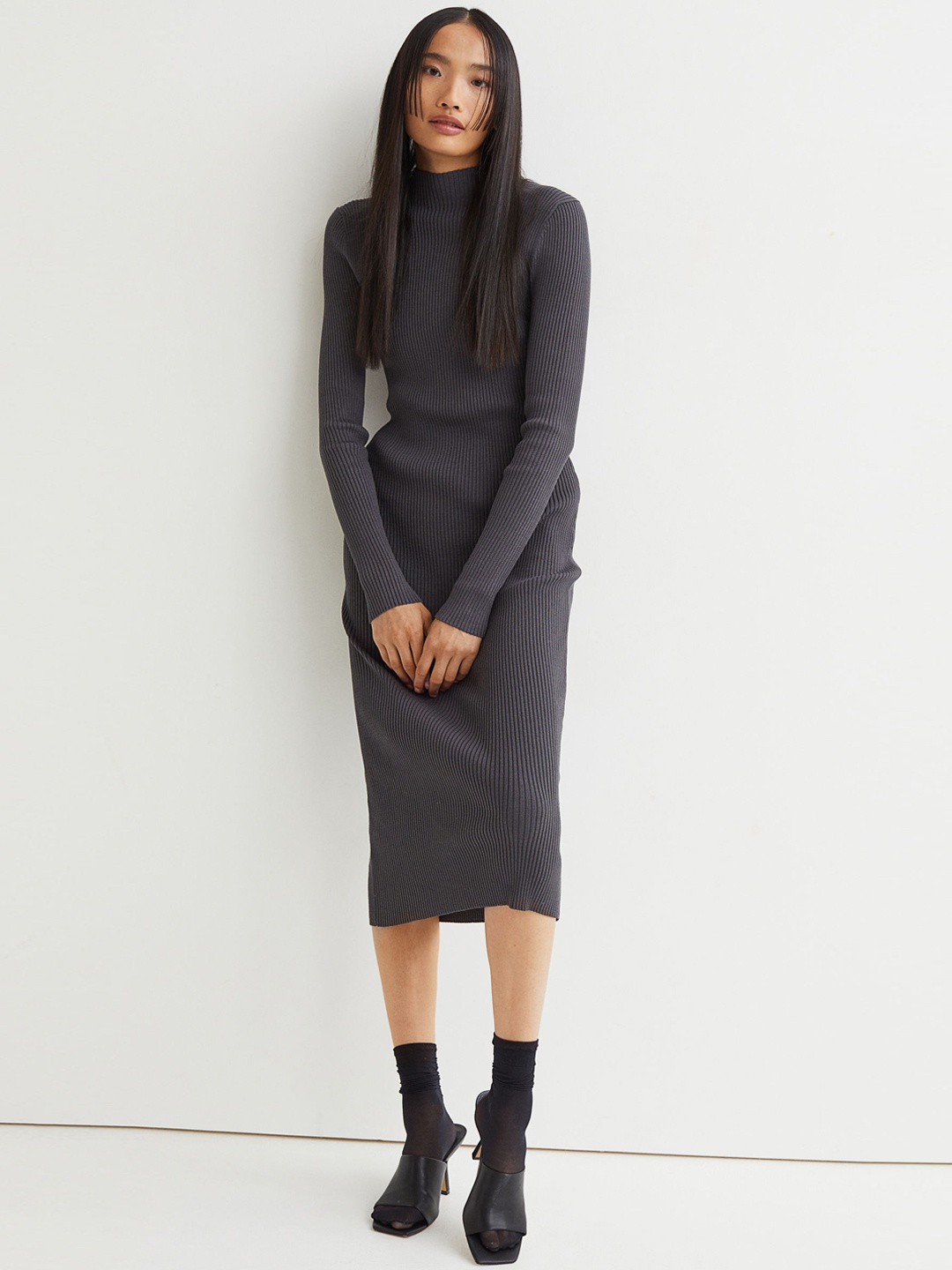 

H&M Women Grey Rib-Knit Dress