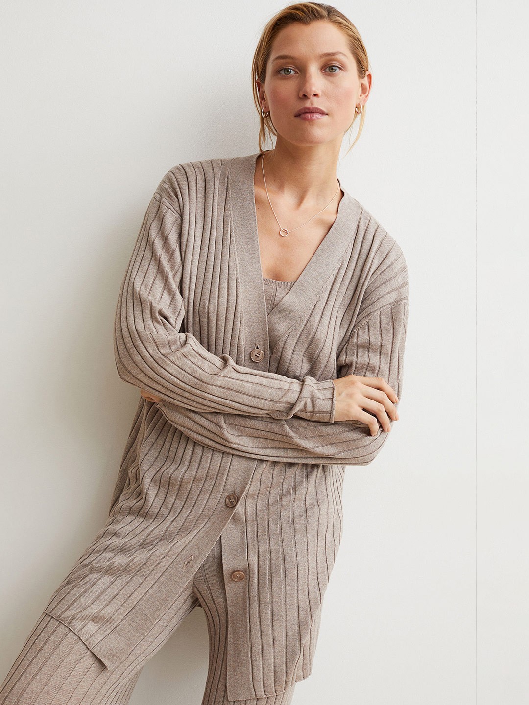 

H&M Women Beige Rib-Knit Cardigan