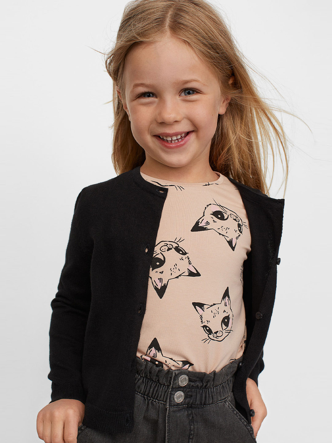 

H&M Girls Black Solid Fine-Knit Cotton Cardigan