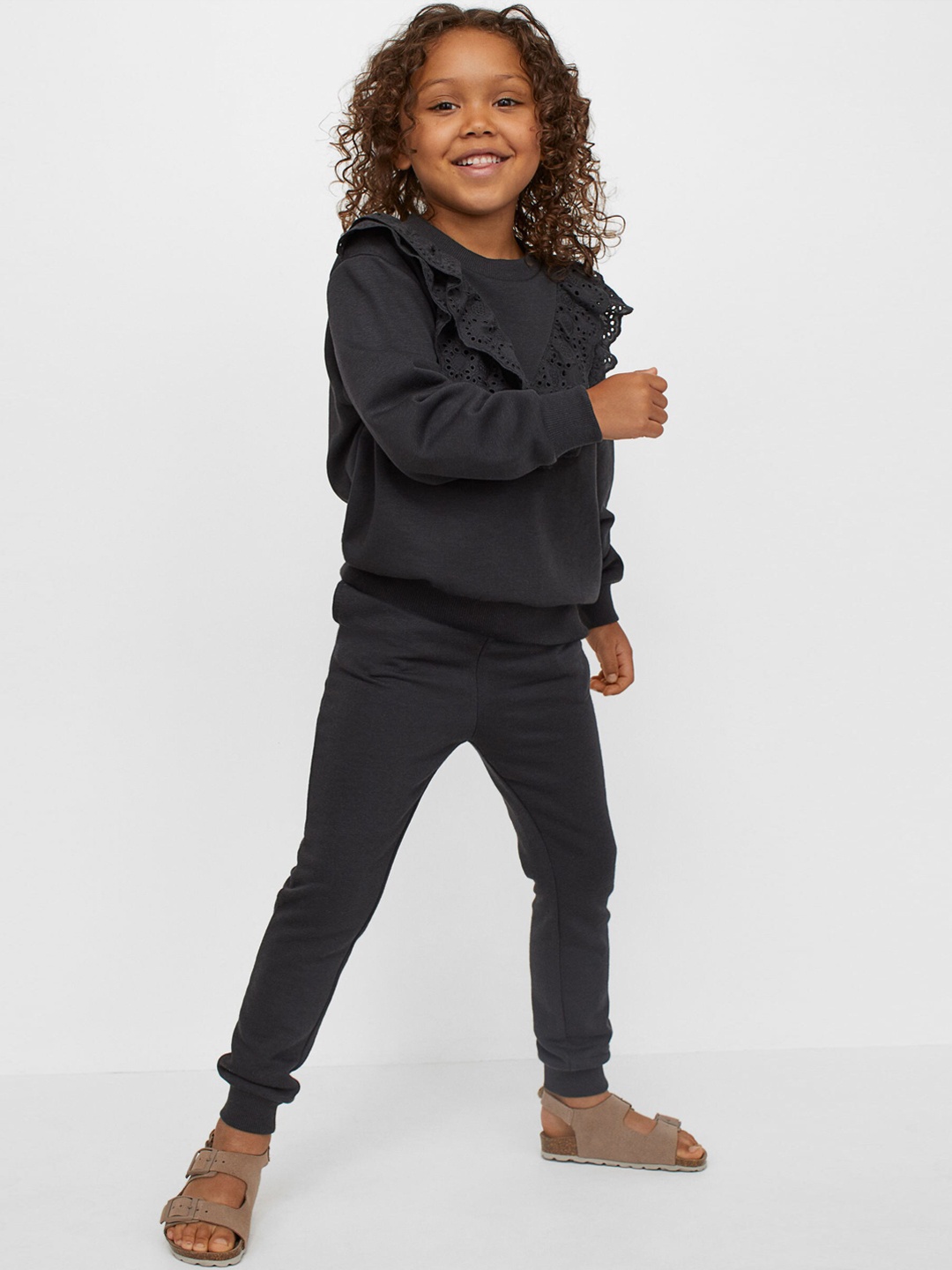 

H&M Girls Charcoal Grey Solid 2-Piece Flounce-Trimmed Set