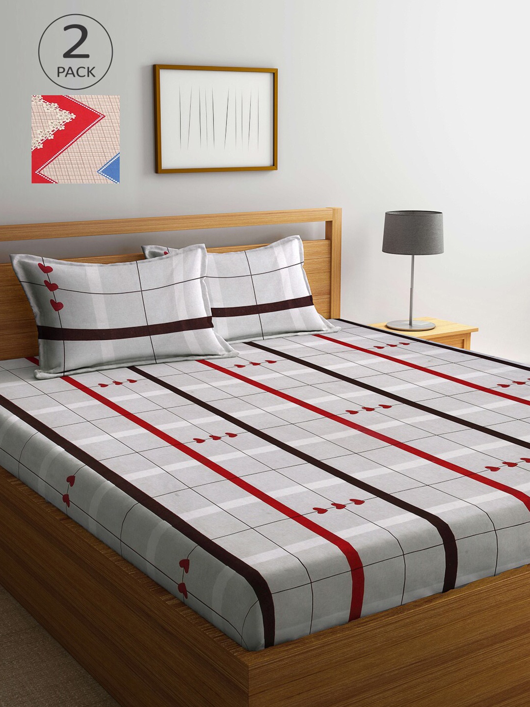 

Arrabi Pack of 2 Beige & Red Striped 300 TC 2 King Bedsheet with 4 Pillow Covers