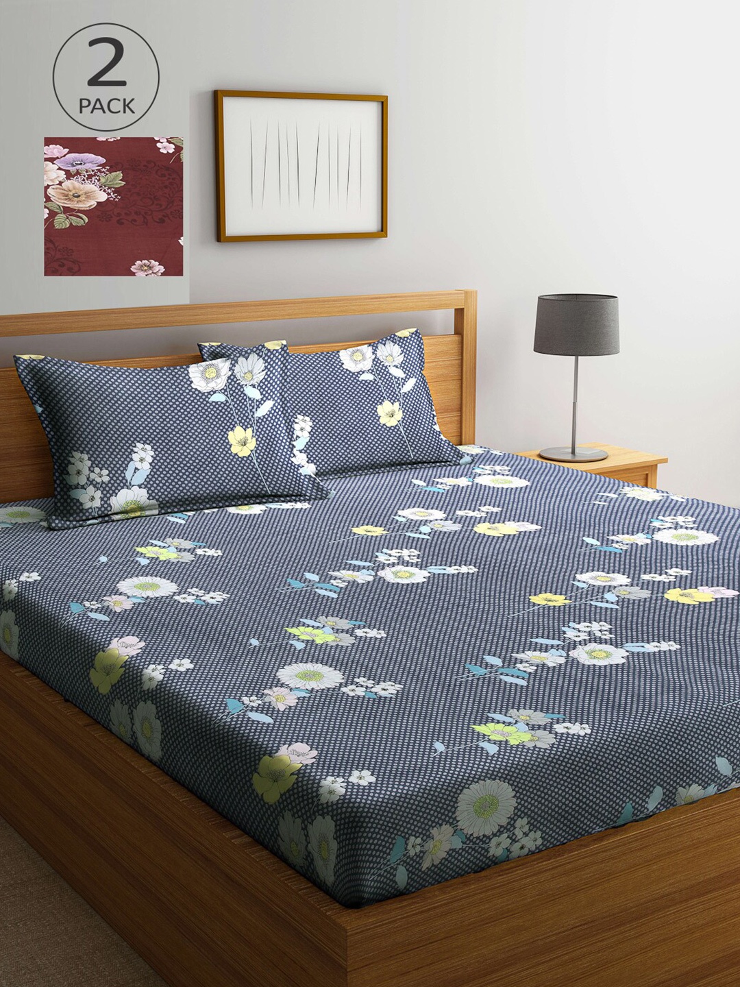 

Arrabi Grey & Maroon Floral 300 TC 2 King Bedsheet with 4 Pillow Covers
