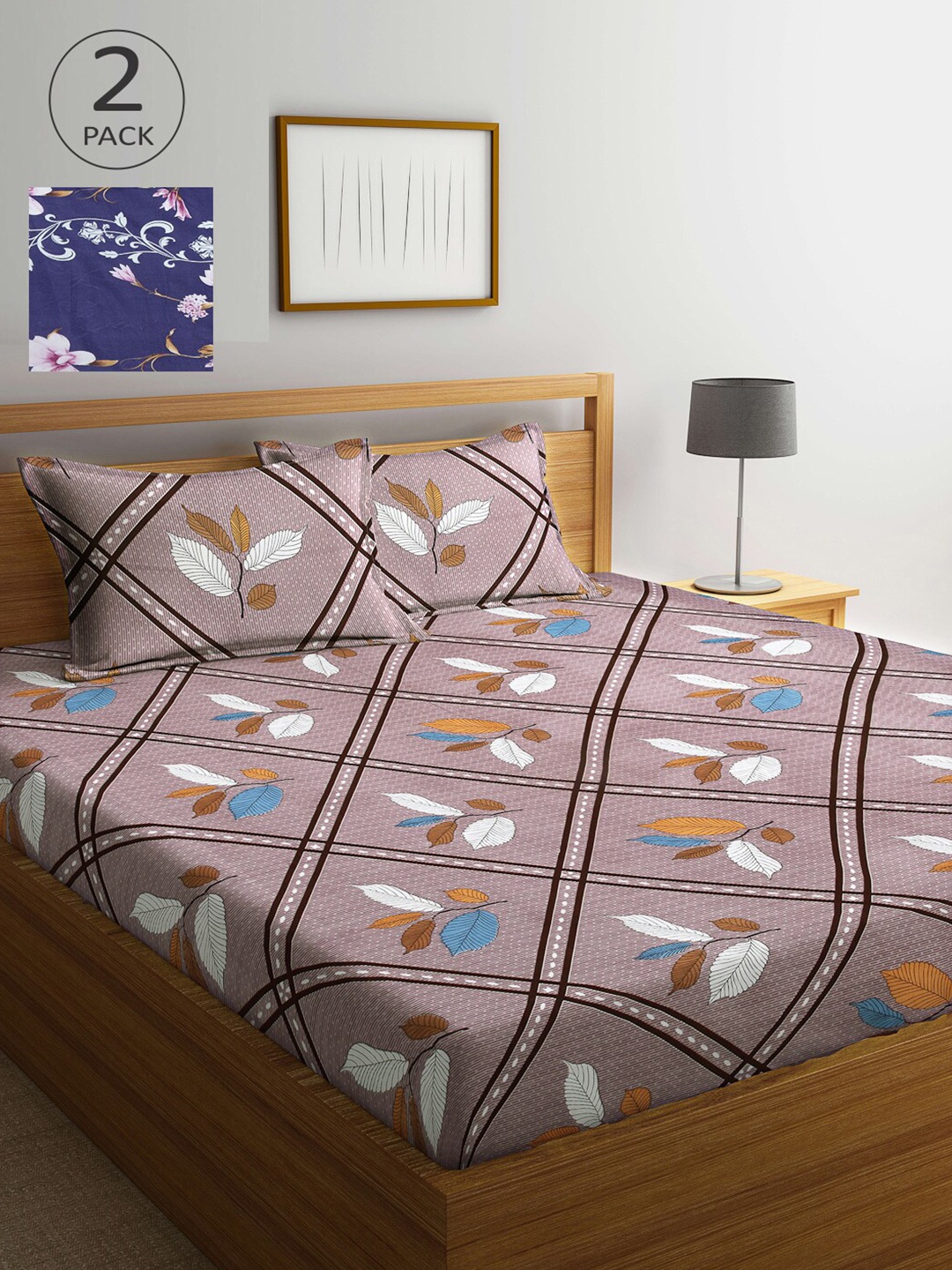 

Arrabi Navy Blue & Brown Floral 300 TC 2 King Bedsheet with 4 Pillow Covers