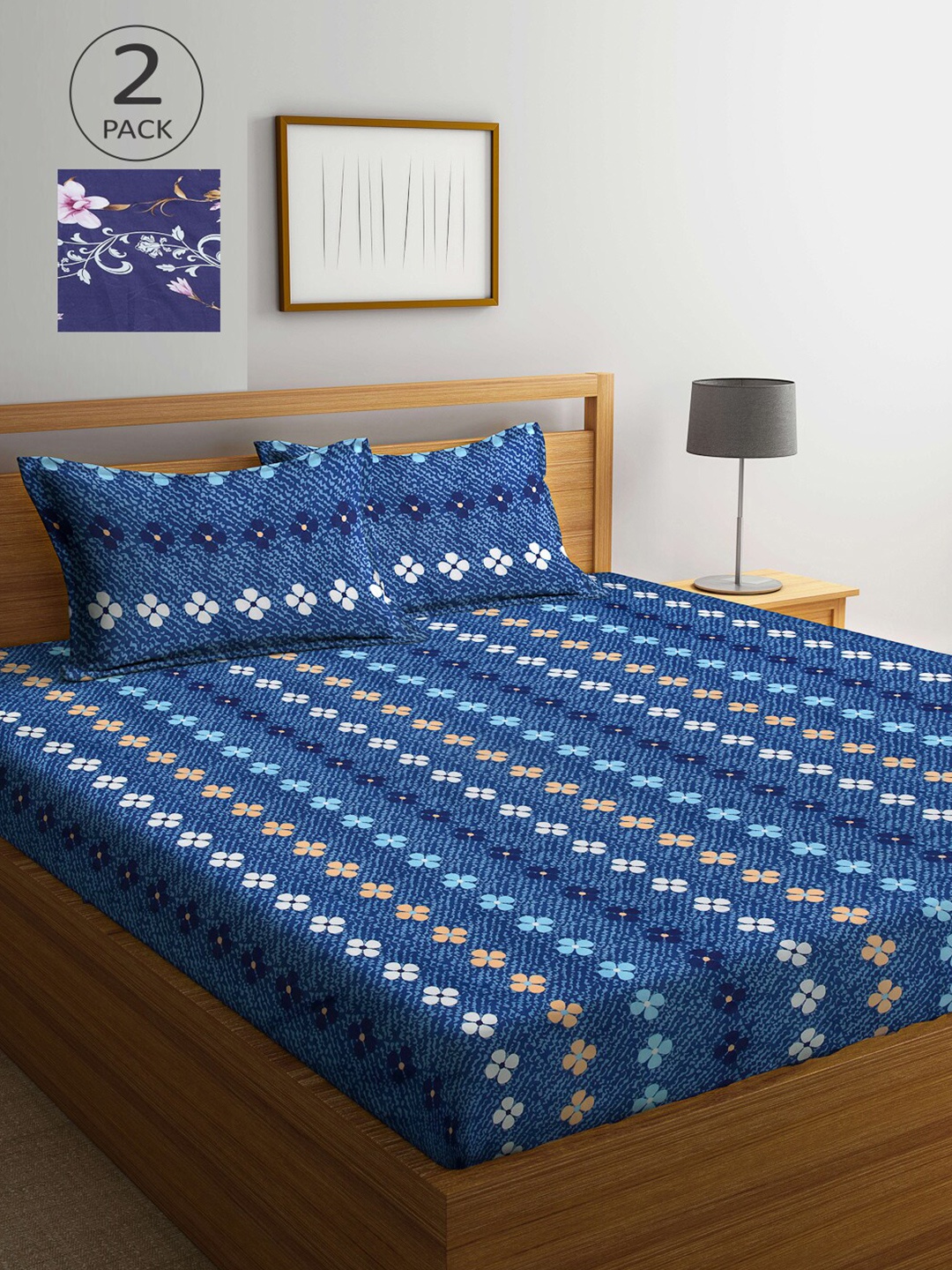

Arrabi Navy Blue & Yellow Floral 300 TC 2 King Bedsheet with 4 Pillow Covers