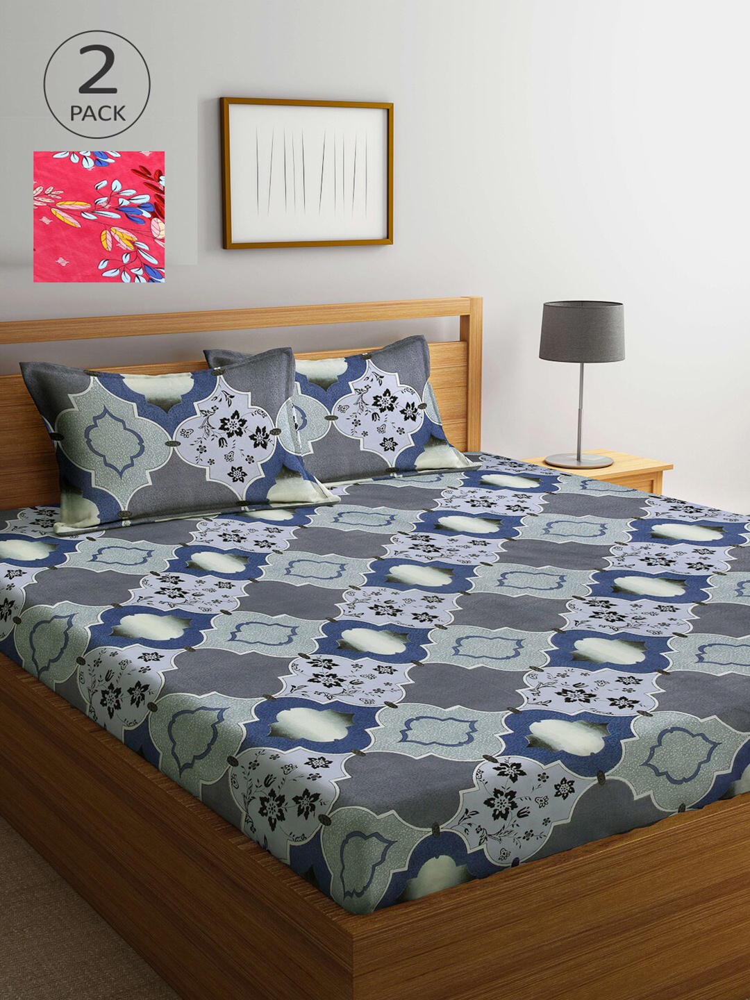

Arrabi Pack of 2 Pink & Grey Graphic 300 TC 2 King Bedsheet with 4 Pillow Covers