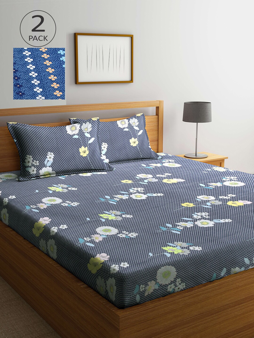 

Arrabi Blue & Grey Floral 300 TC 2 King Bedsheet with 4 Pillow Covers