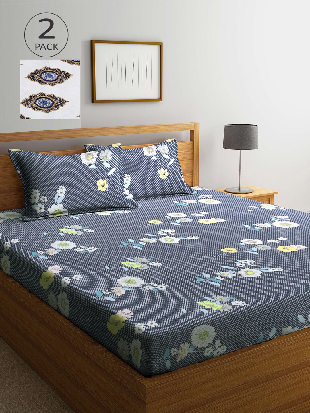 

Arrabi White & Grey Floral 300 TC 2 King Bedsheet with 4 Pillow Covers