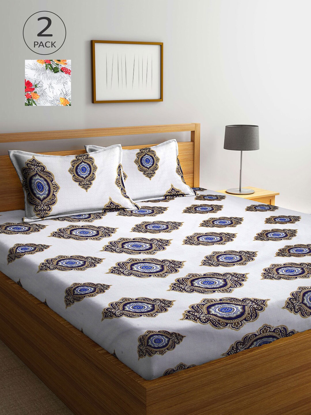 

Arrabi White & Black Ethnic Motifs 300 TC 2 King Bedsheet with 4 Pillow Covers