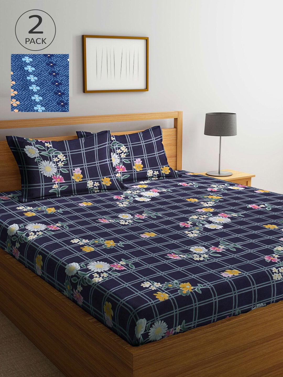 

Arrabi Blue & Black Floral 300 TC 2 King Bedsheet with 4 Pillow Covers