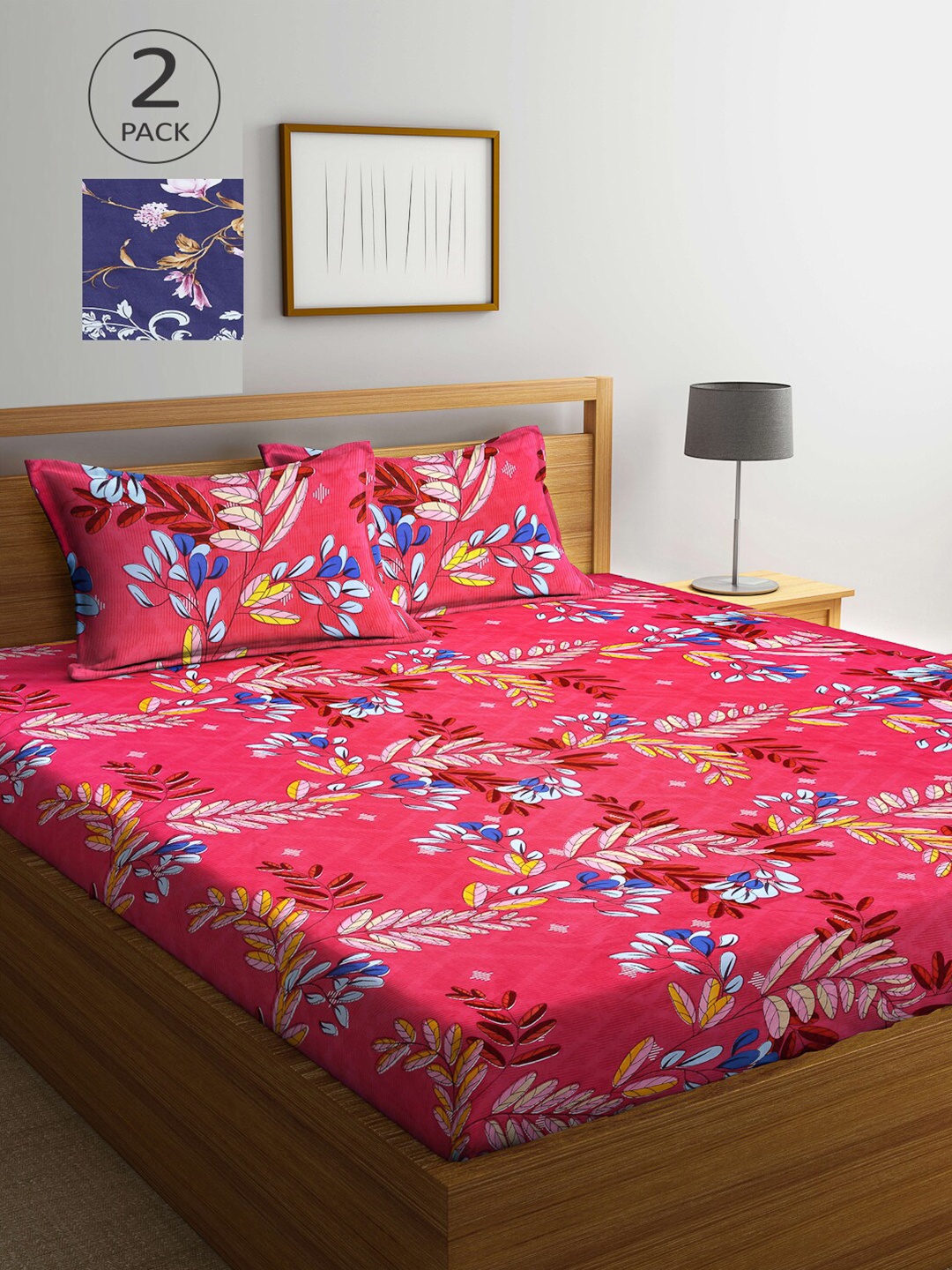 

Arrabi Navy Blue & Pink Floral 300 TC 2 King Bedsheet with 4 Pillow Covers