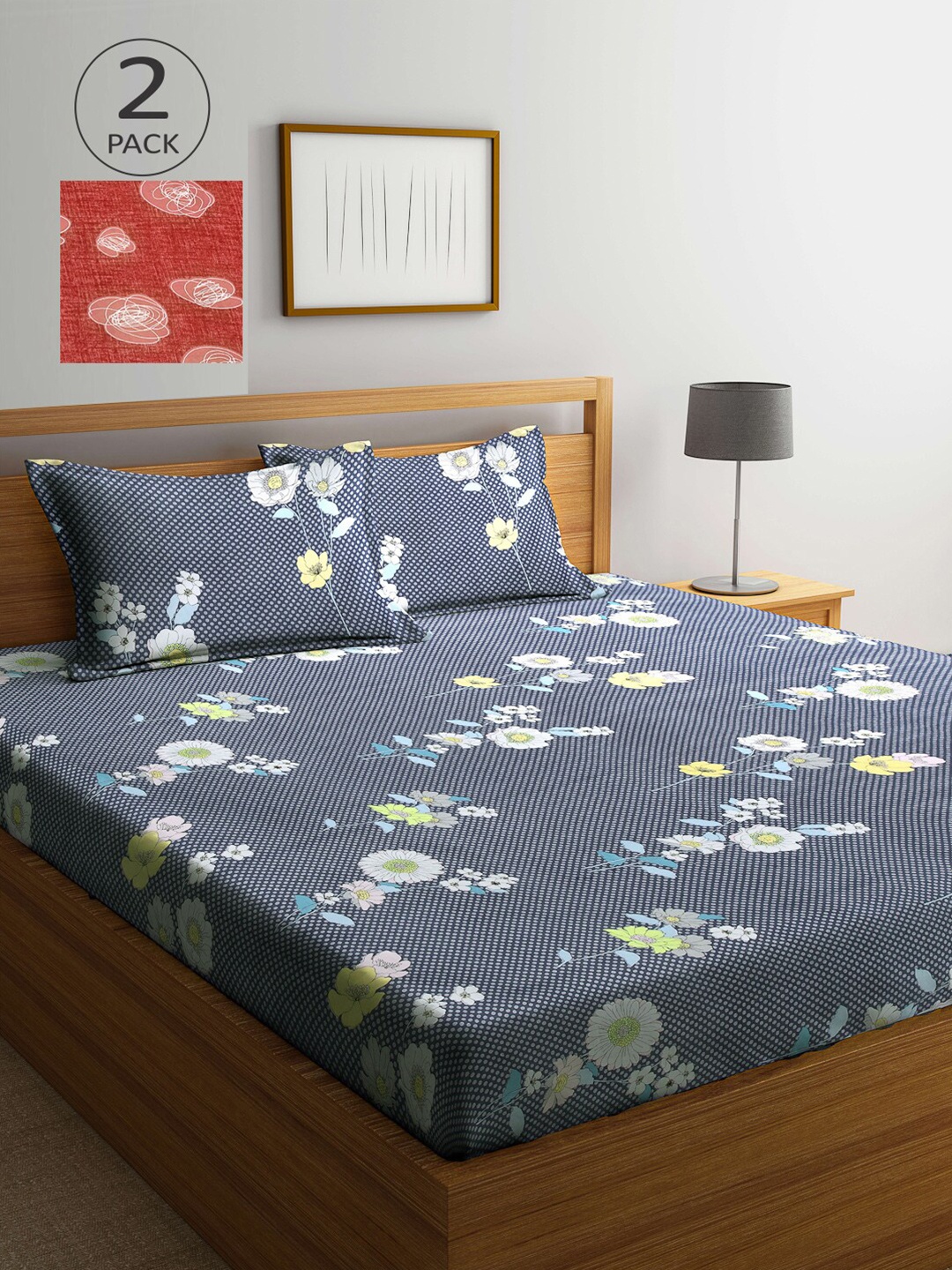 

Arrabi Grey & Red Printed 300 TC 2 King Bedsheet with 4 Pillow Covers