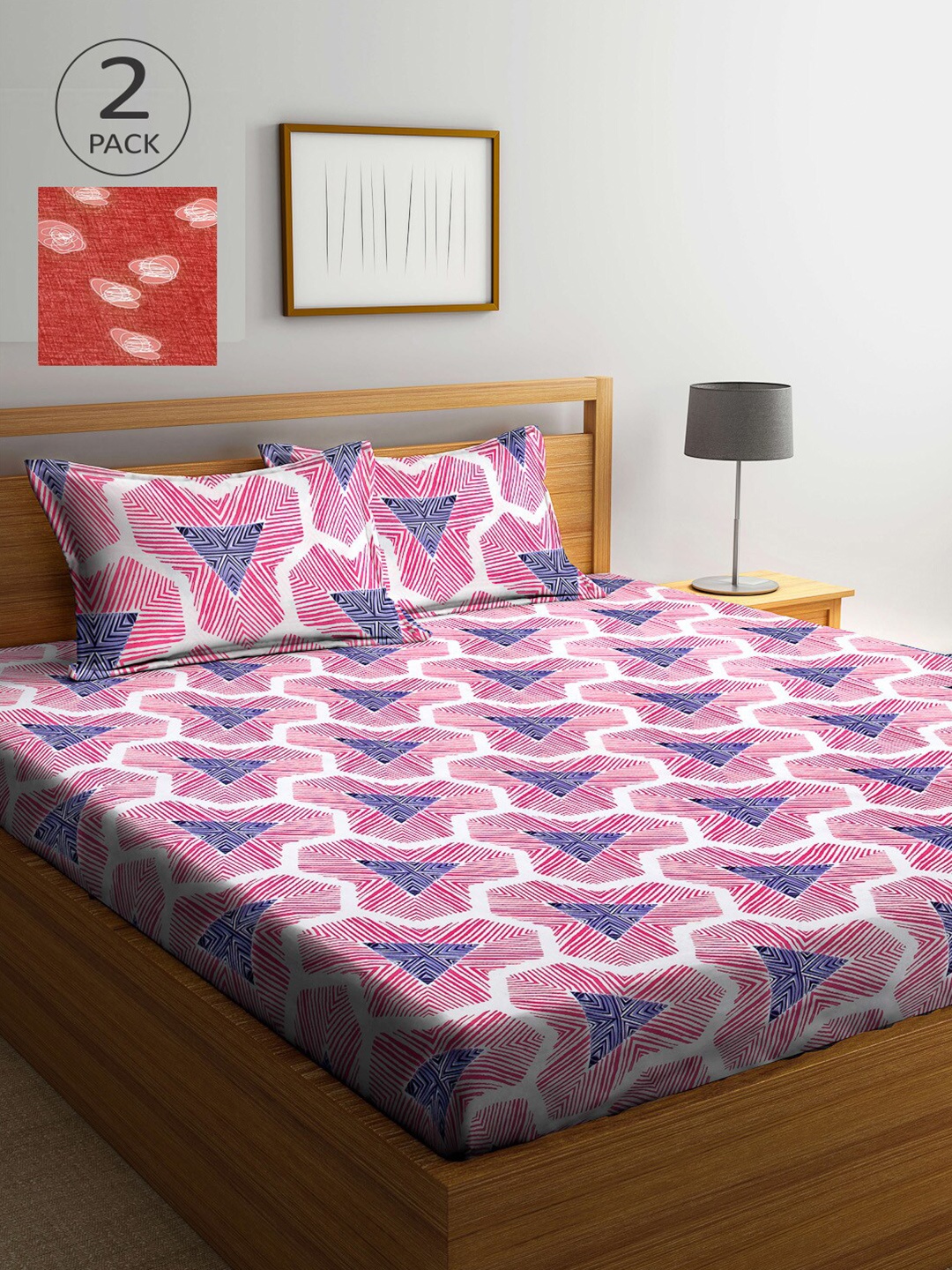 

Arrabi Pink & Red Geometric 300 TC 2 King Bedsheet with 4 Pillow Covers