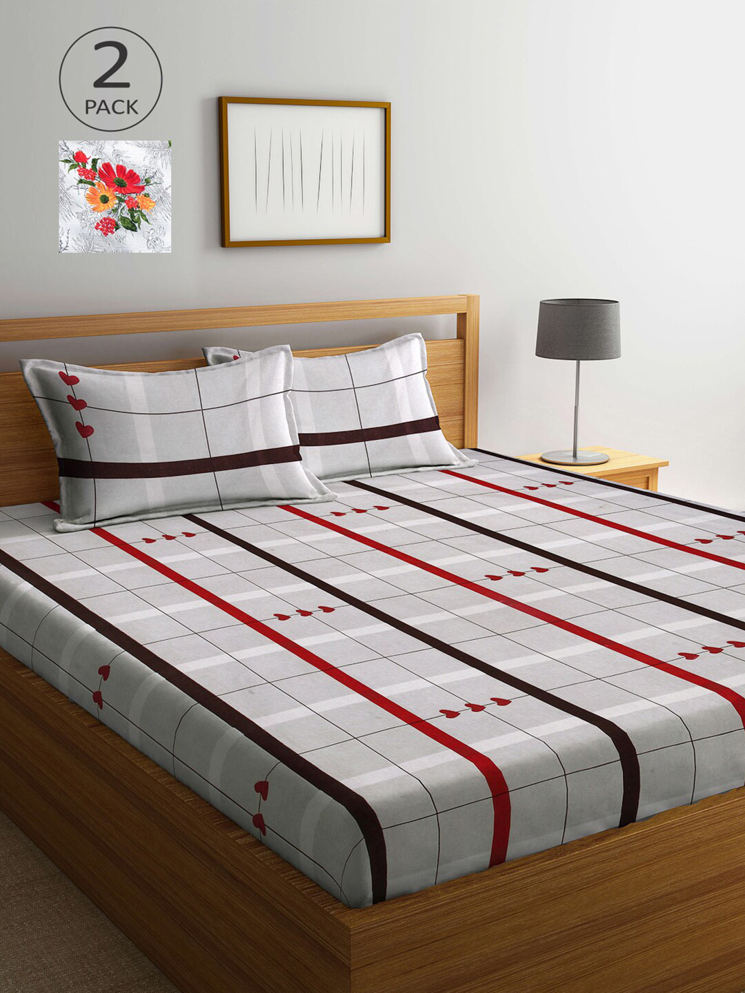 

Arrabi Pack Of 2 White & Grey Striped 300 TC 2 King Bedsheet with 4 Pillow Covers