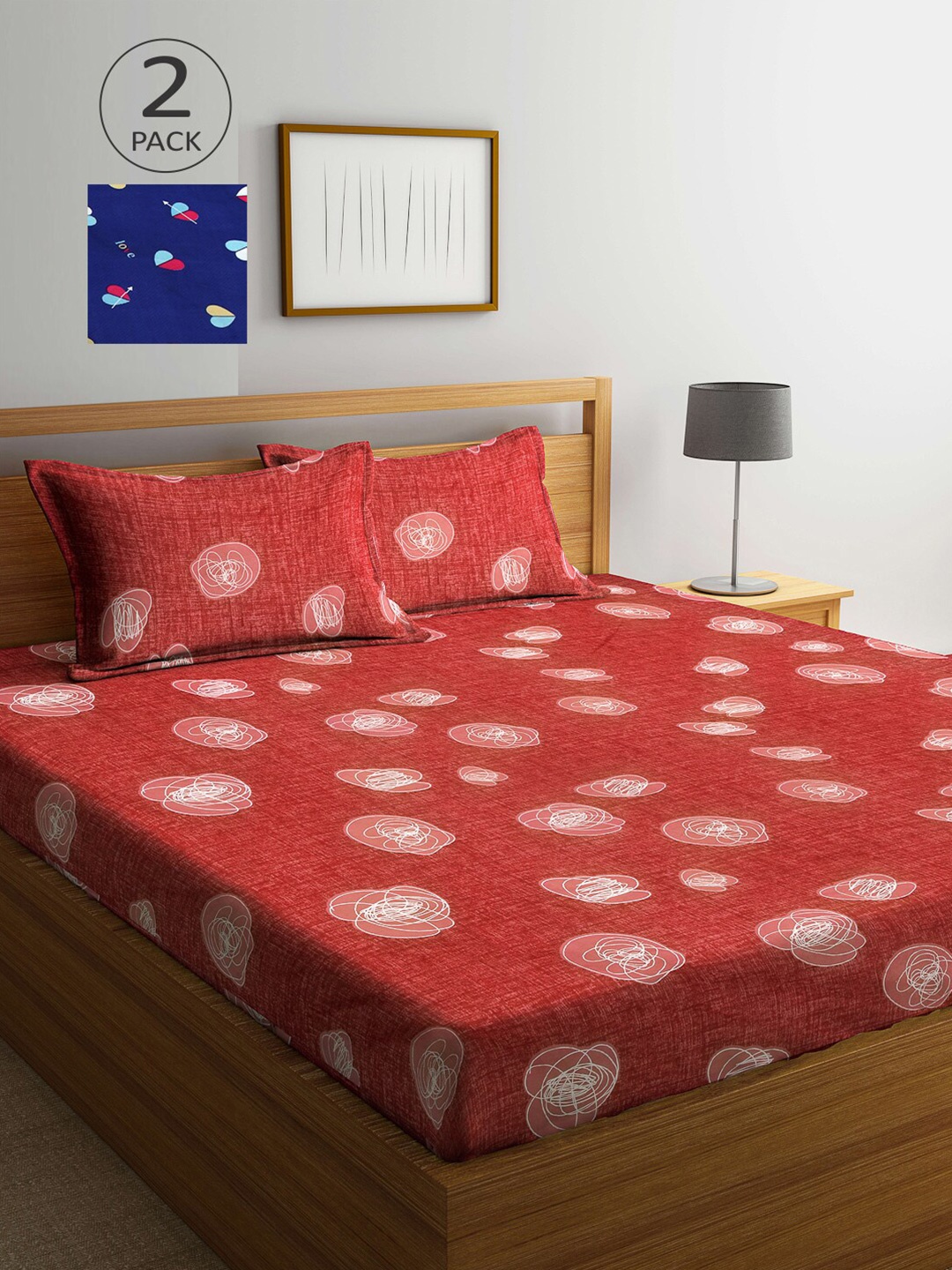 

Arrabi Red & Blue Graphic 300 TC 2 King Bedsheet with 4 Pillow Covers