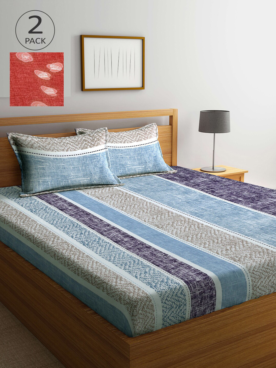 

Arrabi Blue & Brown Striped 300 TC 2 King Bedsheet with 4 Pillow Covers