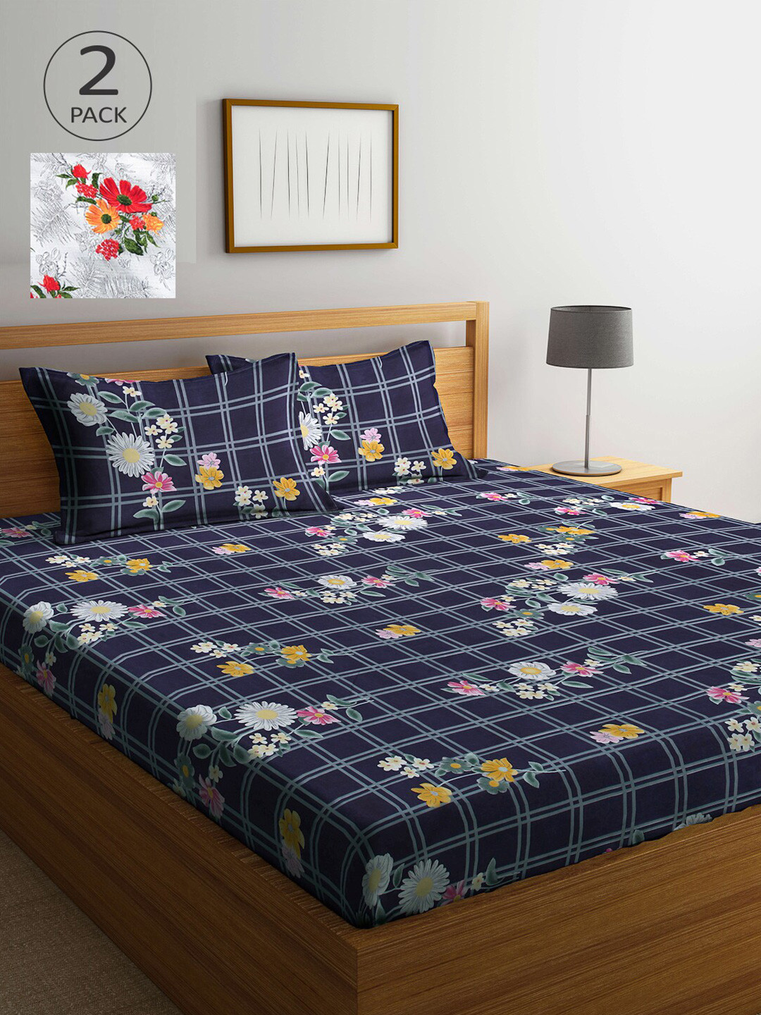 

Arrabi Grey & Navy Blue Floral 300 TC 2 King Bedsheet with 4 Pillow Covers