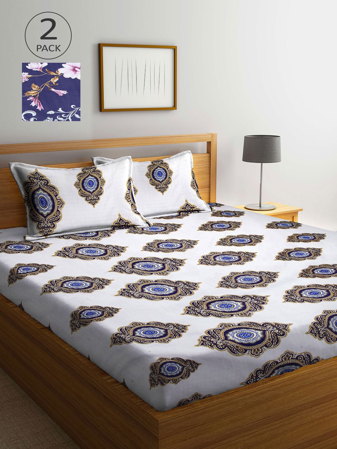 

Arrabi White & Navy Blue Ethnic Motifs 300 TC 2 King Bedsheet with 4 Pillow Covers