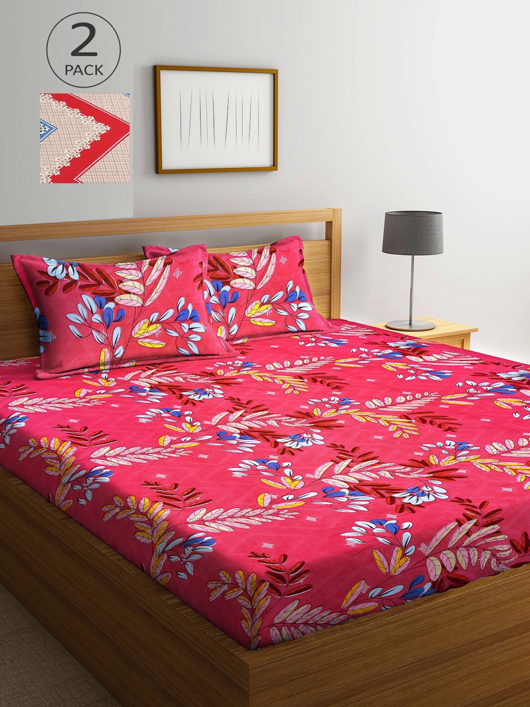 

Arrabi Pack Of 2 Beige & Blue Floral 300 TC 2 King Bedsheet with 4 Pillow Covers