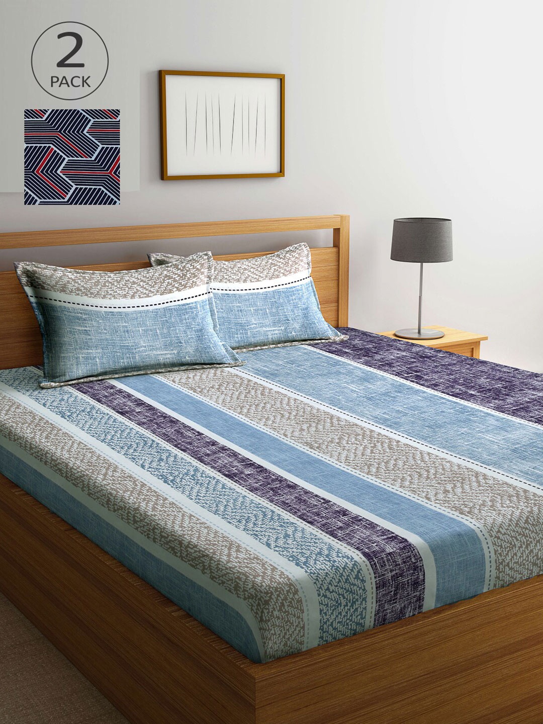 

Arrabi Blue & Red Striped 300 TC 2 King Bedsheet with 4 Pillow Covers