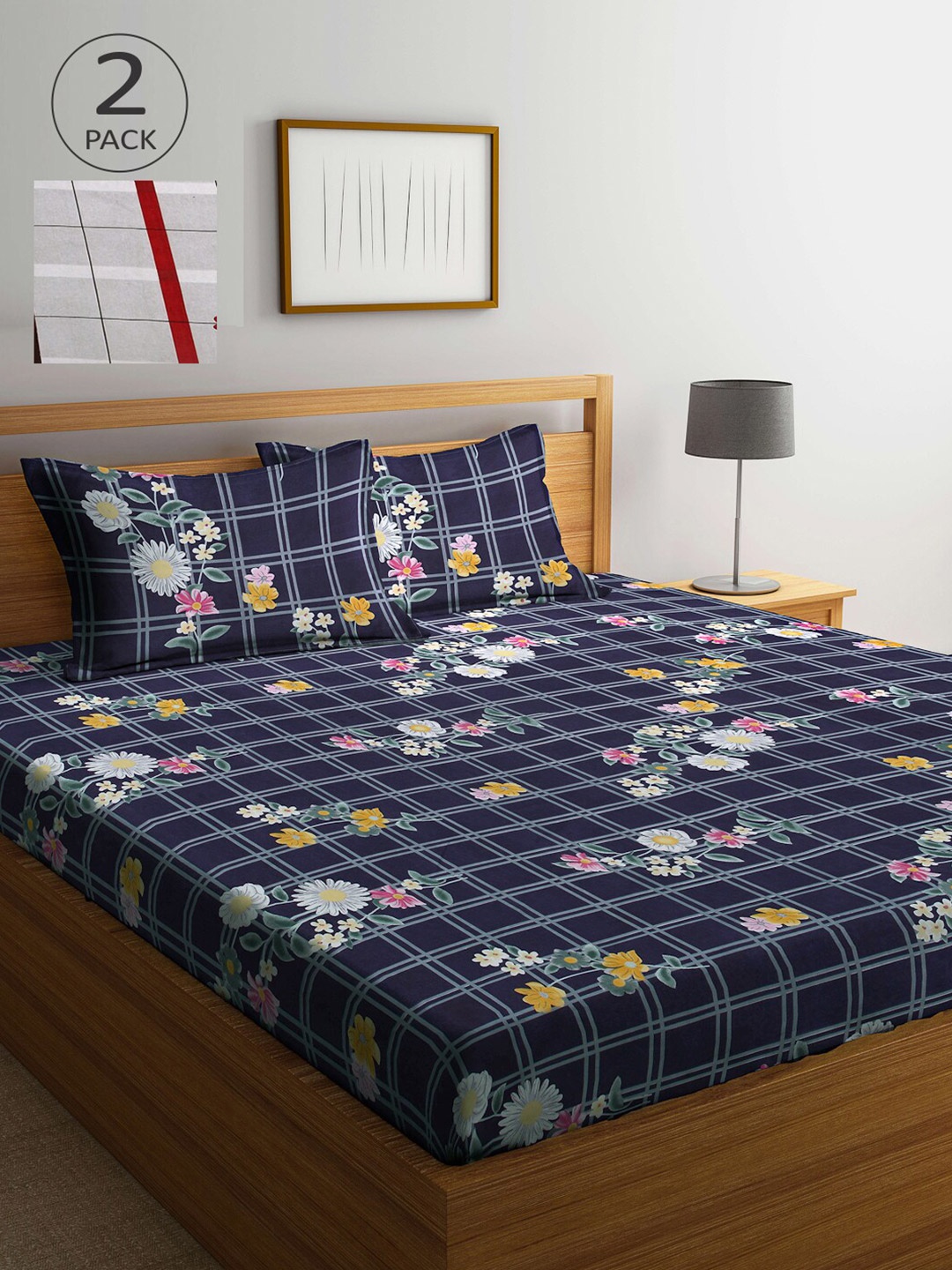 

Arrabi Navy Blue & Red Floral 300 TC 2 King Bedsheet with 4 Pillow Covers