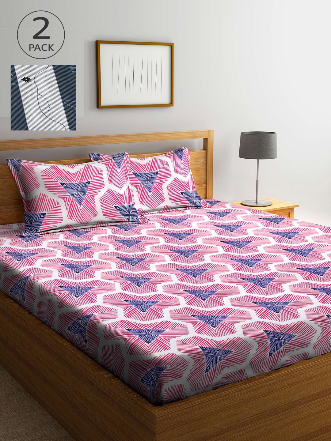 

Arrabi Pink & White Geometric 300 TC 2 King Bedsheet with 4 Pillow Covers