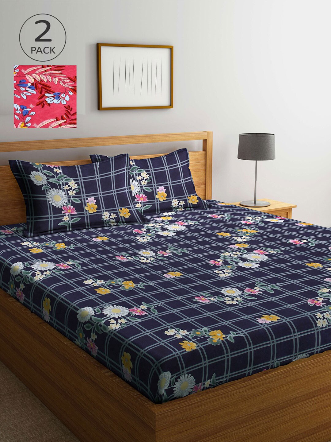 

Arrabi Navy Blue & Pink Floral 300 TC 2 King Bedsheet with 4 Pillow Covers