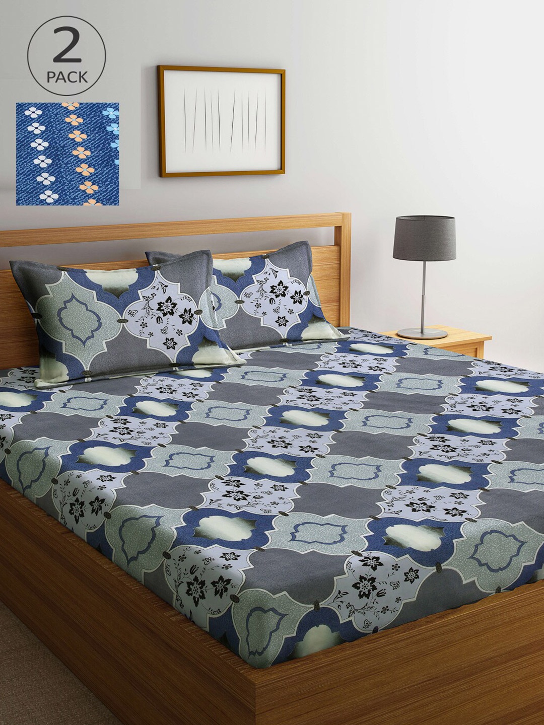 

Arrabi Grey & Blue Graphic 300 TC 2 King Bedsheet with 4 Pillow Covers