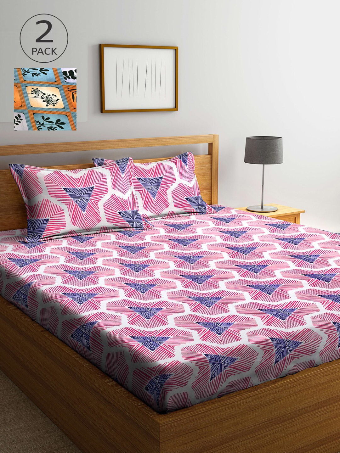 

Arrabi Pink & Blue Geometric 300 TC 2 King Bedsheet with 4 Pillow Covers