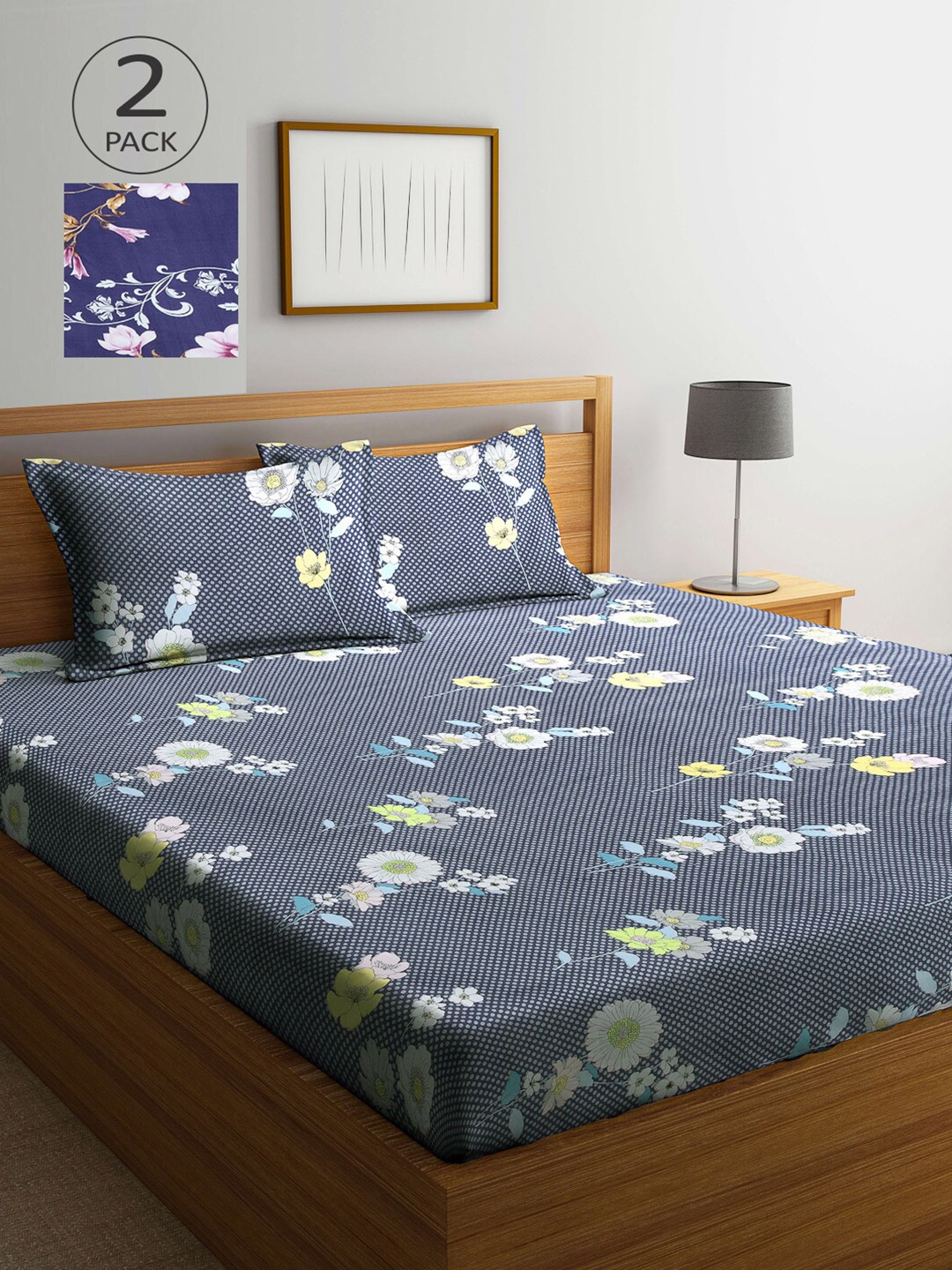 

Arrabi Grey & Blue Floral 300 TC 2 King Bedsheet with 4 Pillow Covers