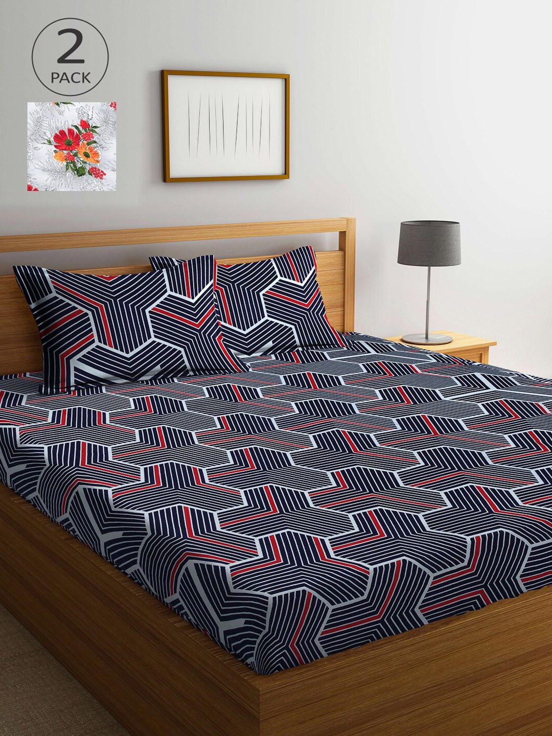 

Arrabi Navy Blue & Red Geometric 300 TC 2 King Bedsheet with 4 Pillow Covers