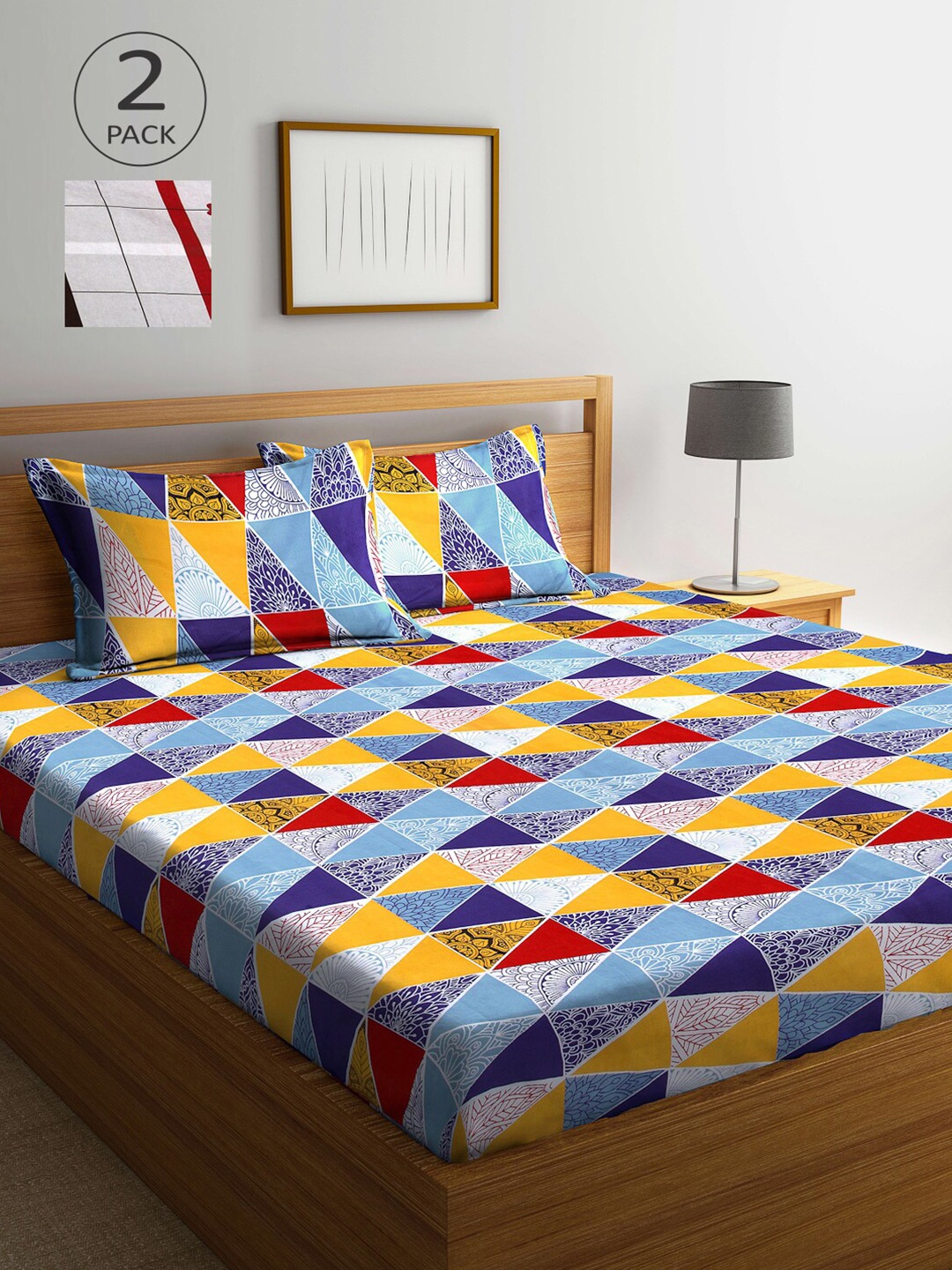 

Arrabi Multicoloured Geometric 300 TC 2 King Bedsheet with 4 Pillow Covers, Multi