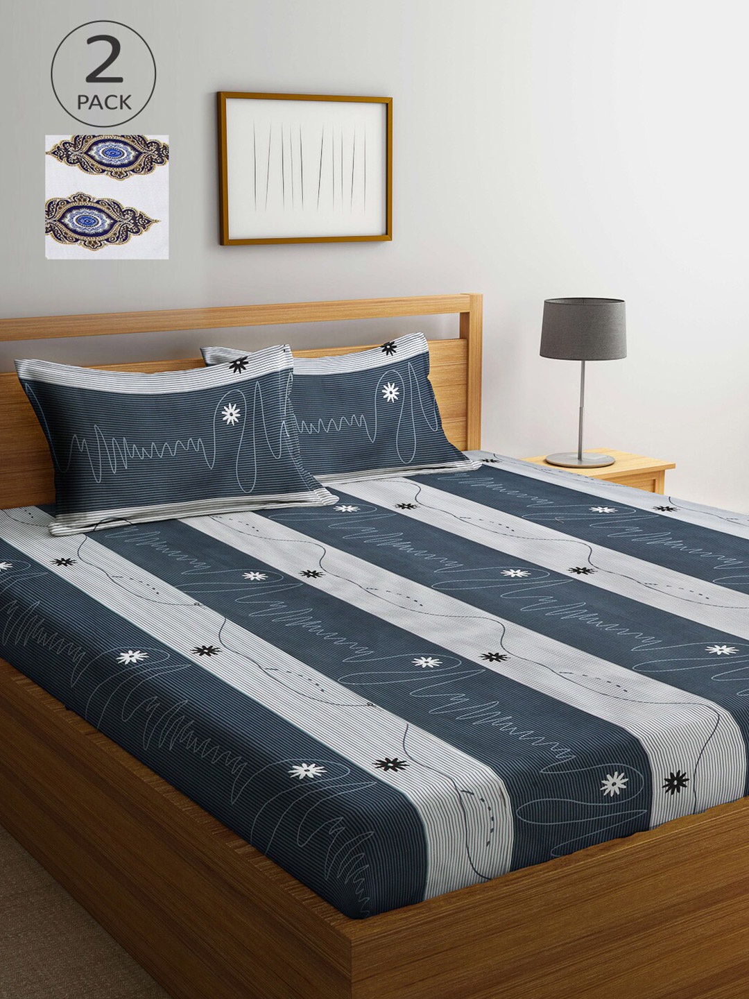 

Arrabi Grey & White Striped 300 TC 2 King Bedsheet with 4 Pillow Covers