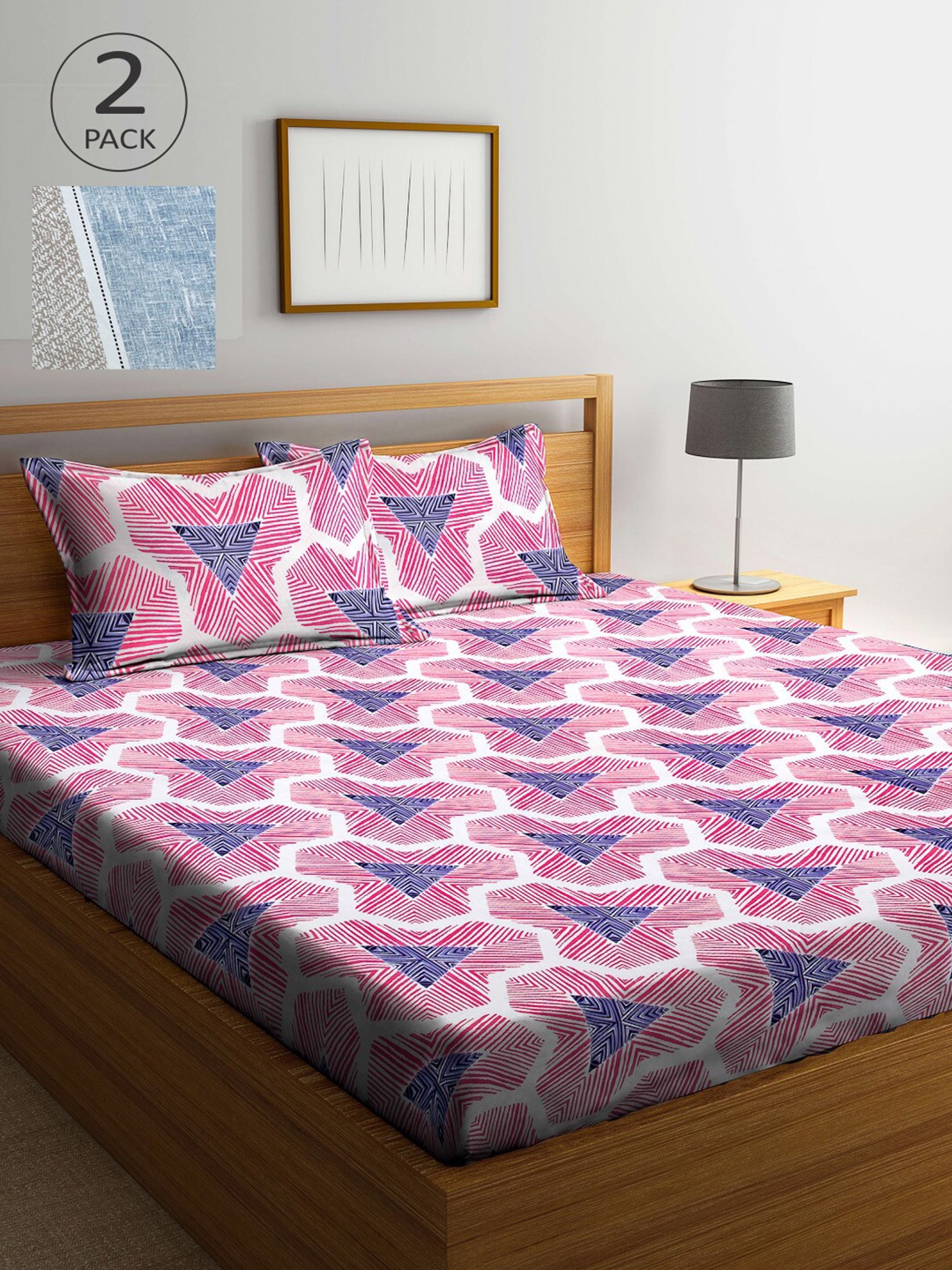 

Arrabi Pink & Blue Geometric 300 TC 2 King Bedsheet with 4 Pillow Covers