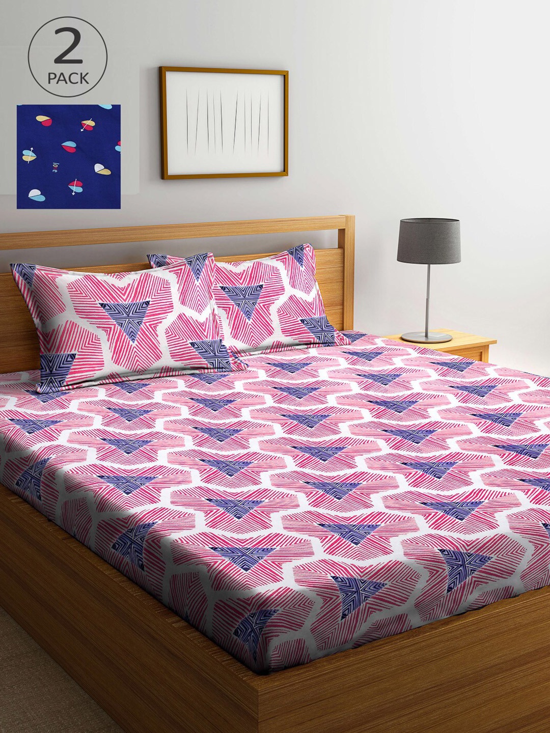 

Arrabi Blue & Pink Graphic 300 TC 2 King Bedsheet with 4 Pillow Covers