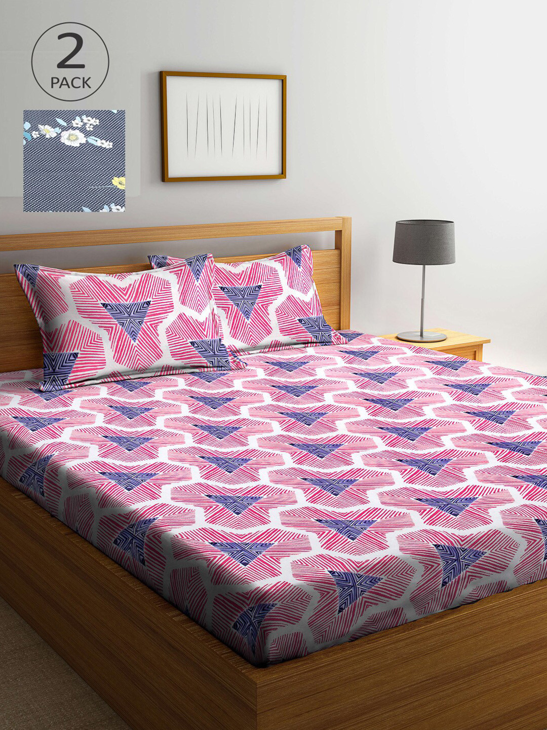 

Arrabi Pack of 2 Pink & Blue Geometric 300 TC 2 King Bedsheet with 4 Pillow Covers