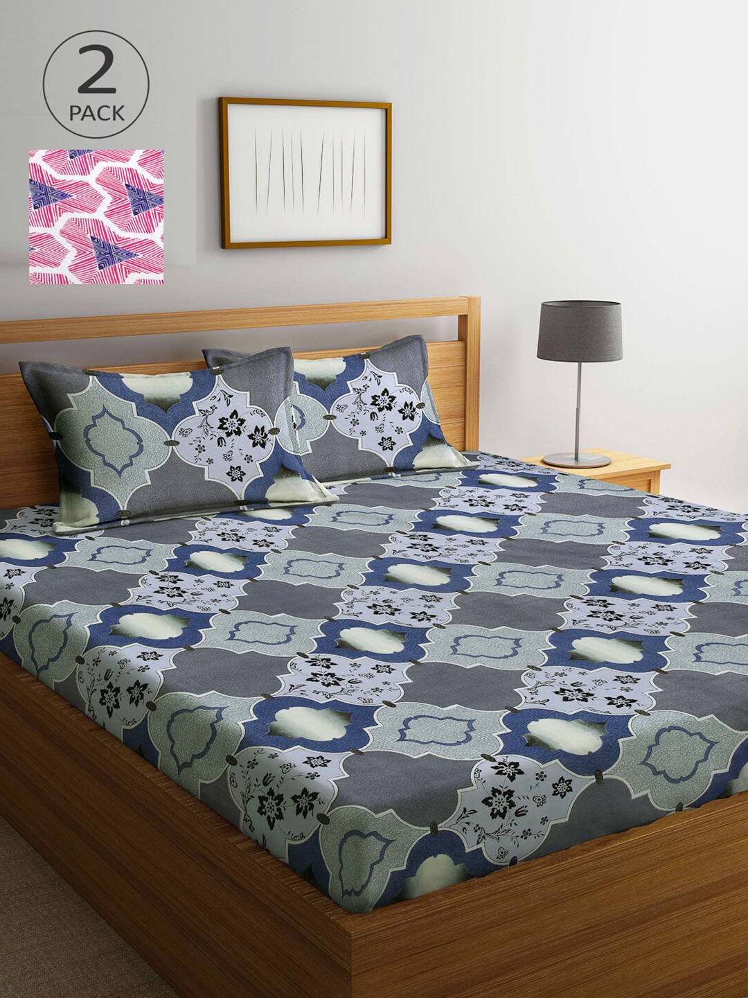 

Arrabi Grey & Pink Graphic 300 TC 2 King Bedsheet with 4 Pillow Covers