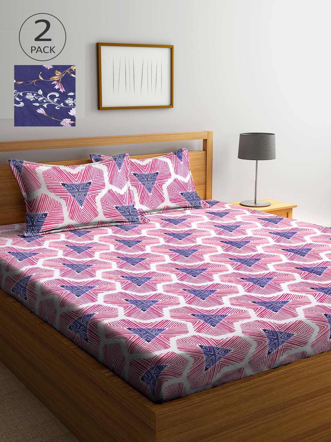 

Arrabi Pack of 2 Blue & Rose Geometric 300 TC 2 King Bedsheet with 4 Pillow Covers