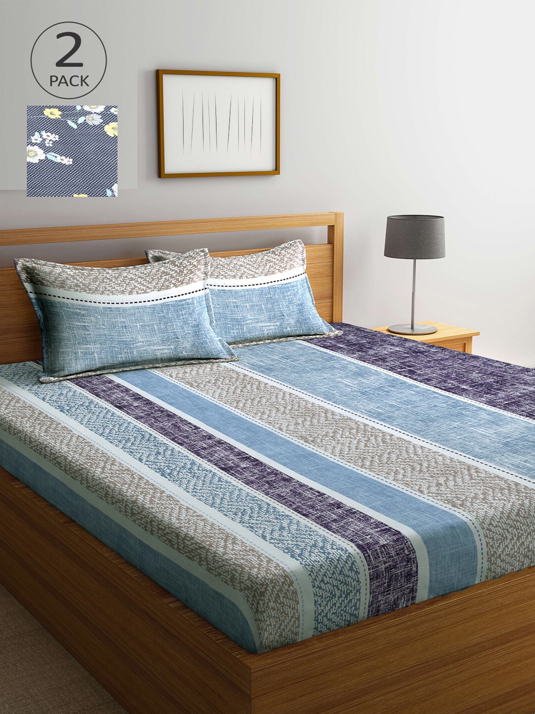 

Arrabi Pack of 2 Blue & Grey Striped 300 TC 2 King Bedsheet with 4 Pillow Covers