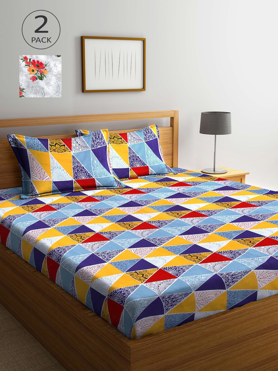 

Arrabi Blue & Yellow Geometric 300 TC 2 King Bedsheet with 4 Pillow Covers