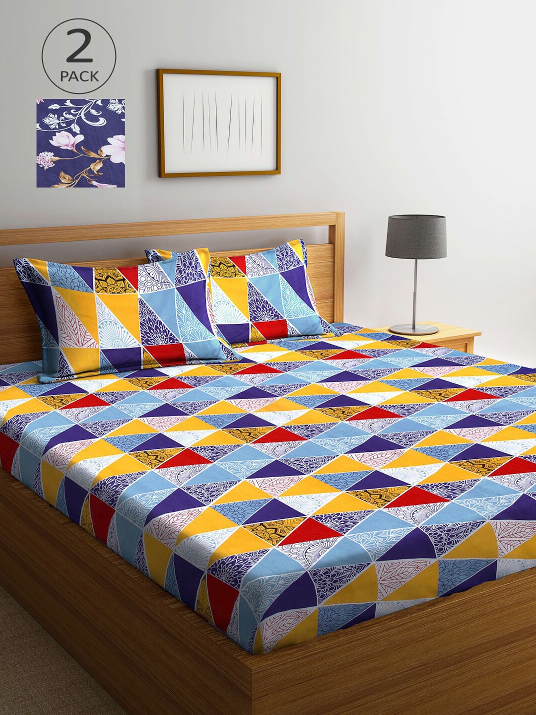 

Arrabi Pack of 2 Navy Blue & Yellow Geometric 300 TC King Bedsheet with 4 Pillow Covers