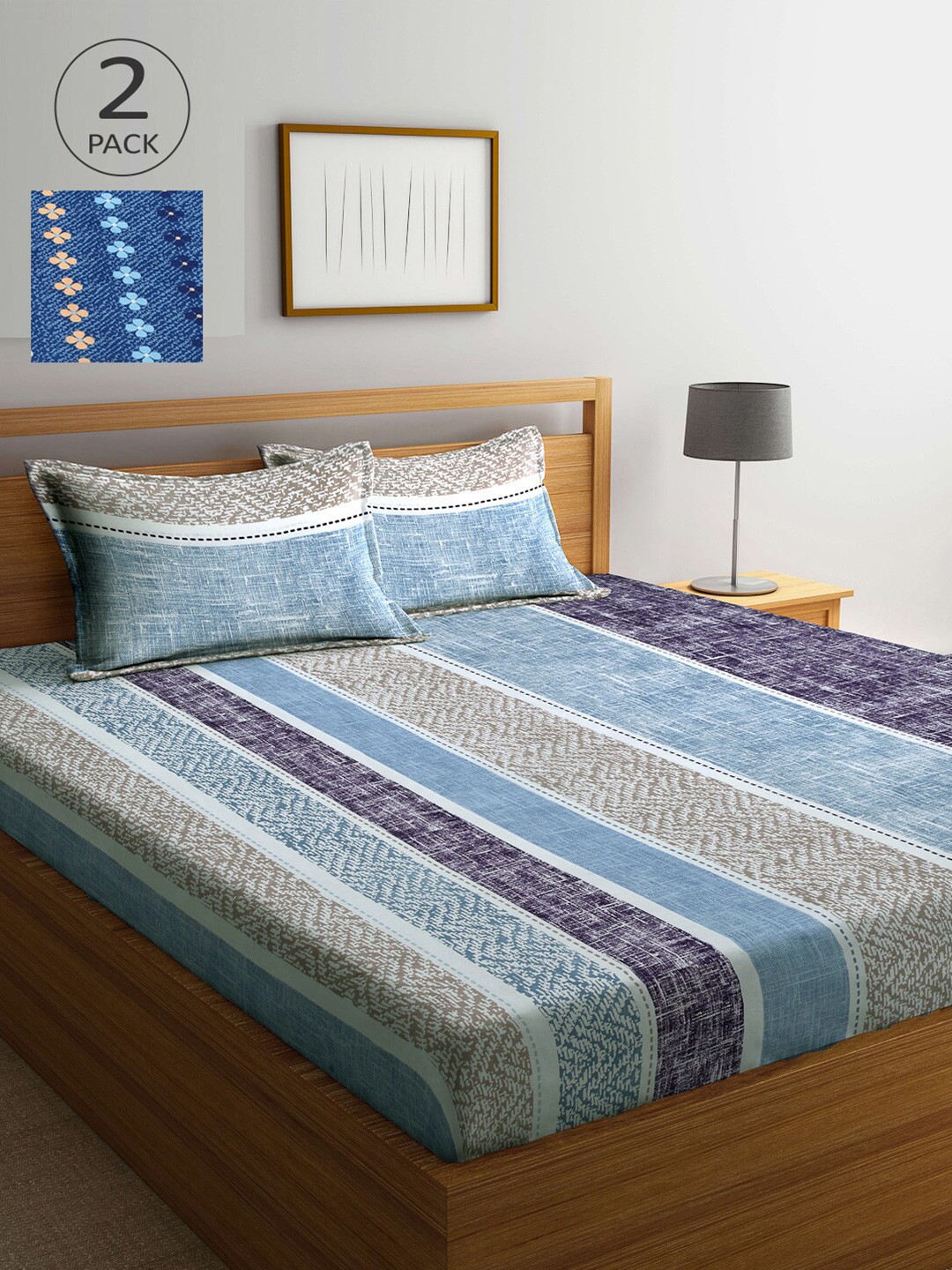 

Arrabi Blue & Grey Striped 300 TC 2 King Bedsheet with 4 Pillow Covers