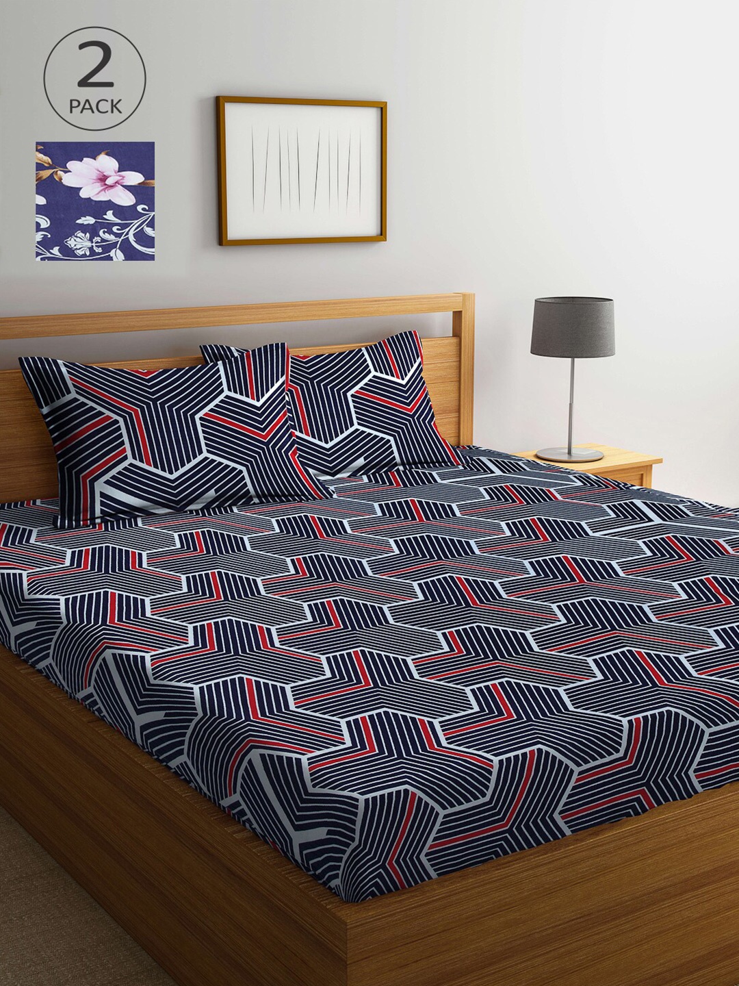 

Arrabi Pack of 2 Blue & Black Geometric 300 TC 2 King Bedsheet with 4 Pillow Covers